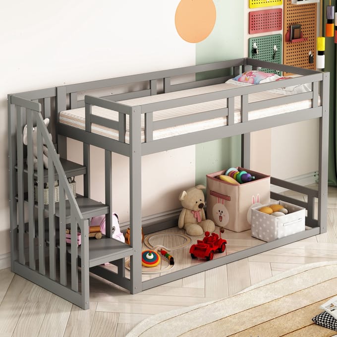 Sweiko Hoogslaper - 90×200 cm - Valbeveiliging - Opbergtrap - met Lattenbodem - Grijs