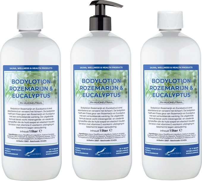 Bodylotion Rozemarijn & Eucalyptus 1 Liter - met gratis pomp - set van 3 stuks