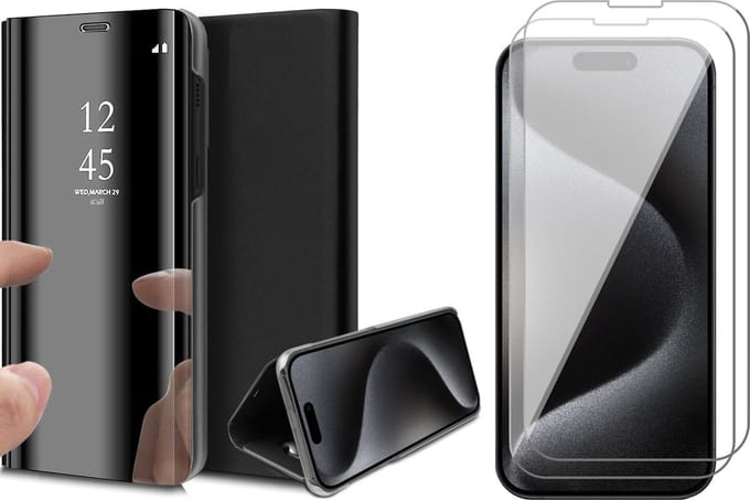 Hoesje geschikt voor iPhone 15 Pro Max - 2x Screen Protector GlassGuard - Book Case Spiegel Zwart & Screenprotector