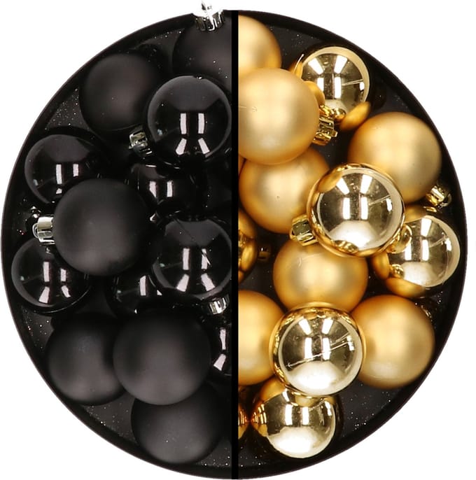 Decoris Kleine kerstballen - 32x st - goud en zwart - D4 cm - plastic - kerstversiering