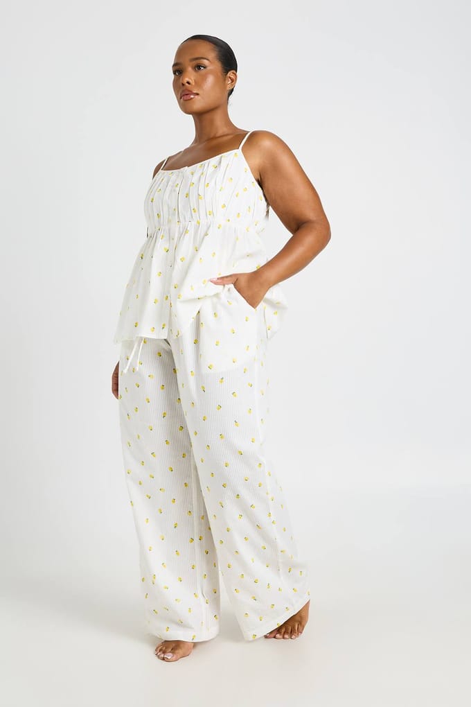 boohoo Dames Plus Wafel Citroenprint Babydoll Pyjama Top | Wit | Maat: 48