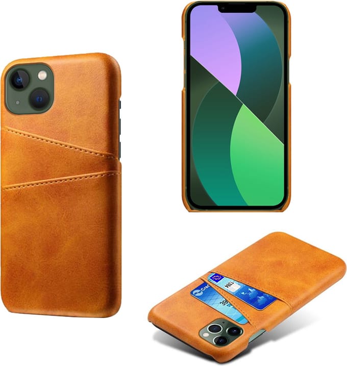 MobyDefend Hoesje - Geschikt voor iPhone 14 - Lederen Backcover Met Vakjes Pasjes - Cognacbruin