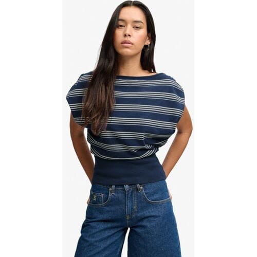 Superdry Deep Rib Stripe Bardot Top Slanke Pasvorm Blauw Grootte: 34
