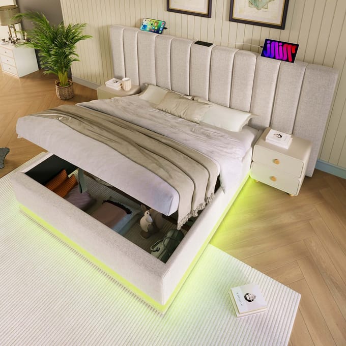 MODFU Bedframe 160x200 cm – Beige linnen met 360° LED & 3 USB/Type-C – Hydraulisch