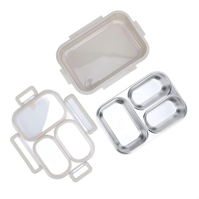 Verdeelde Lunchbox 304 Roestvrij Staal Lekdicht Verwarmbaar 3 Vakken Rechthoekige Voedselcontainer Gray gray