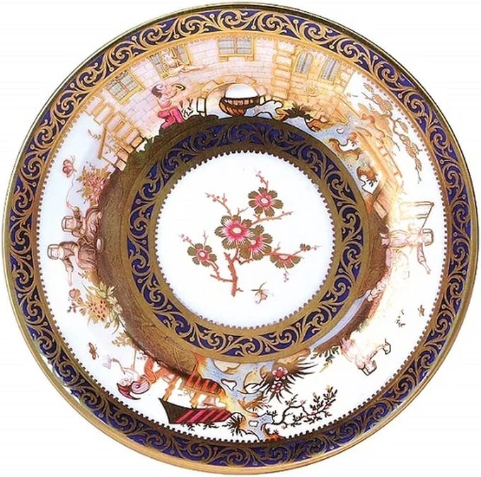 Bord metaal Bloemen blauw/goud rand Ø26cm