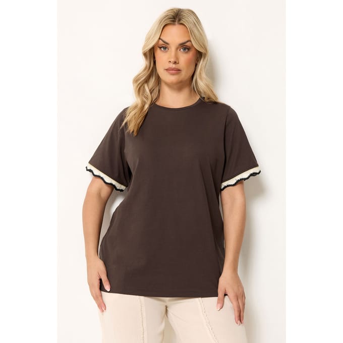 Yours Chocoladebruin Metallic Tshirt Met Gehaakte Rand Size 42