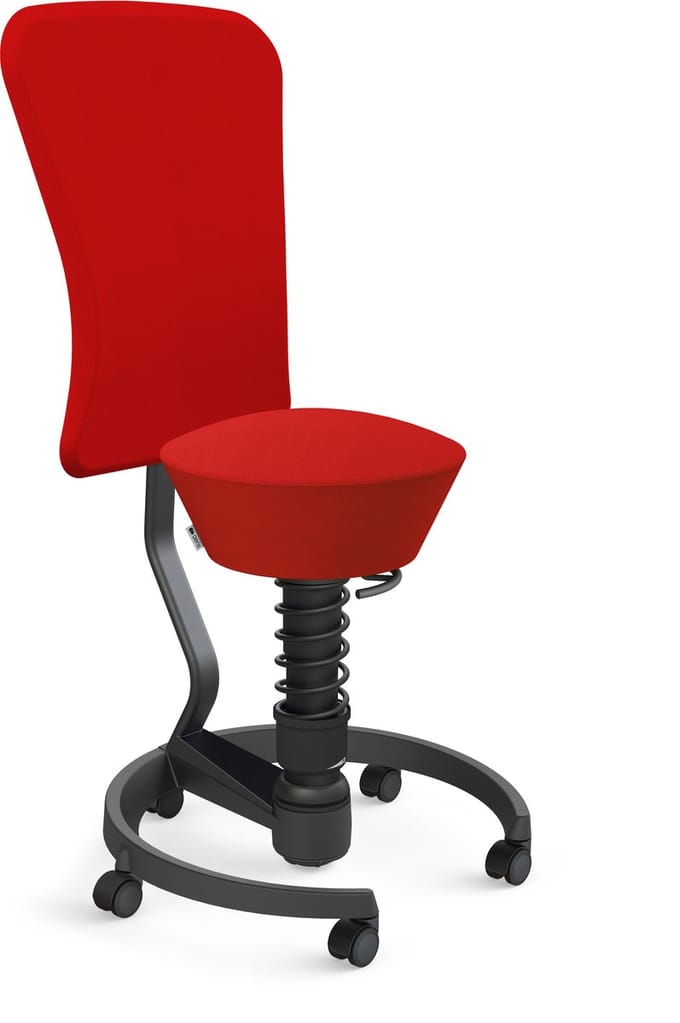 Aeris Swopper with backrest ootring with castors (soft floor), black spring strut type: standard, black, spring black seat cover: wool blend Select (Gabriel), red backrest pole: black, backrest cover: wool blend Select (Gabriel), red