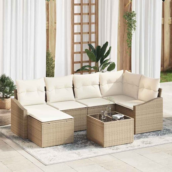 vidaXL Tuin Eettafel Set met kussen met opslag 7 pcs Beige en Crème