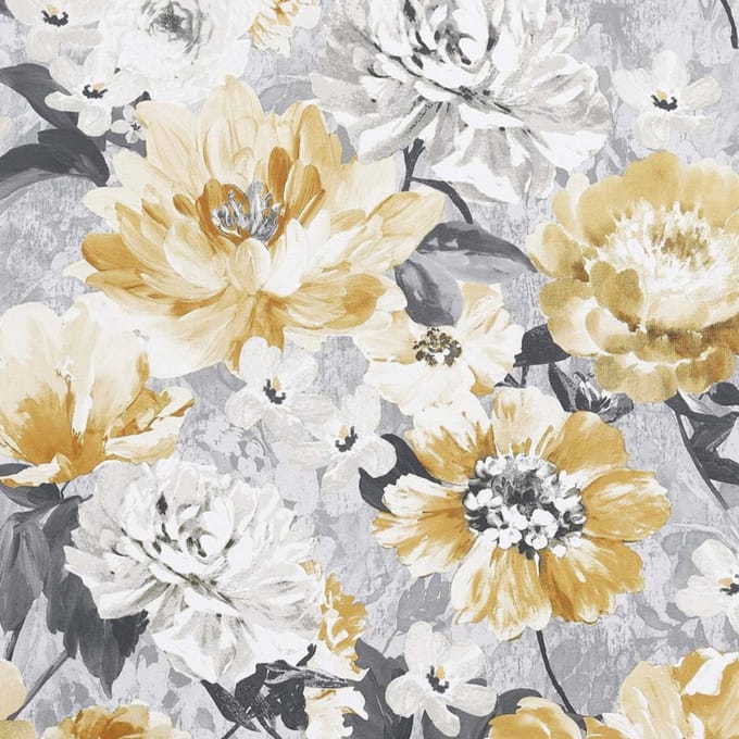 Mosterd geel bloemen behang 908504 Vintage