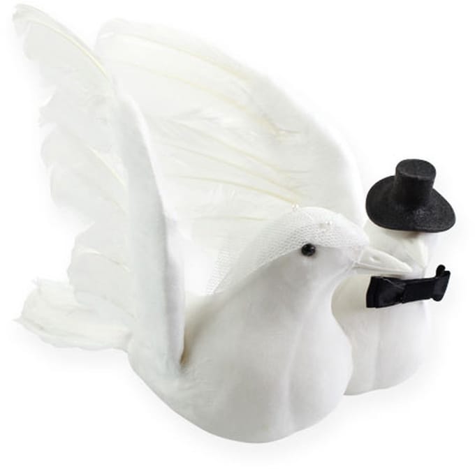 Bruiloftsdecoratie vogel bruid en bruidegom, wit gevlokt met glitter e