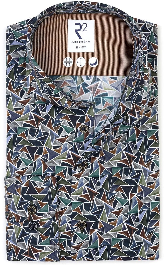 R2 Overhemd Poplin Triangle Print Groen - Maat 39 - Heren - Overhemden Formeel