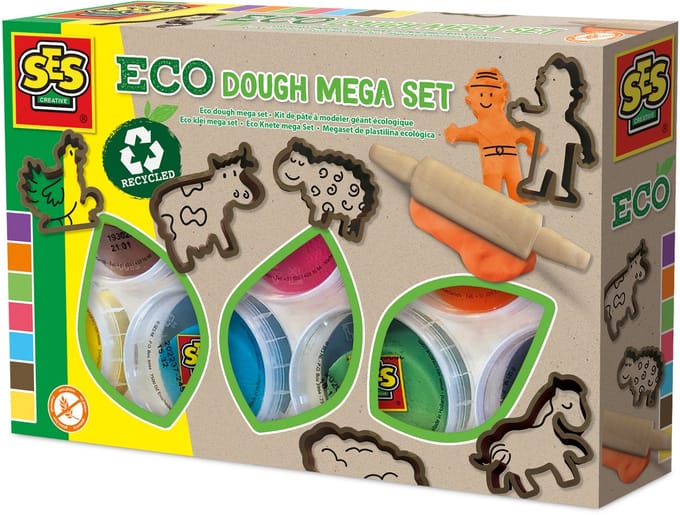 Kit de pâte a modeler géant écologique (7x90 g avec outils) - SES CREATIVE - Dough - Fabriqué aux Pays-Bas - Rouleau bois - Age : 2+