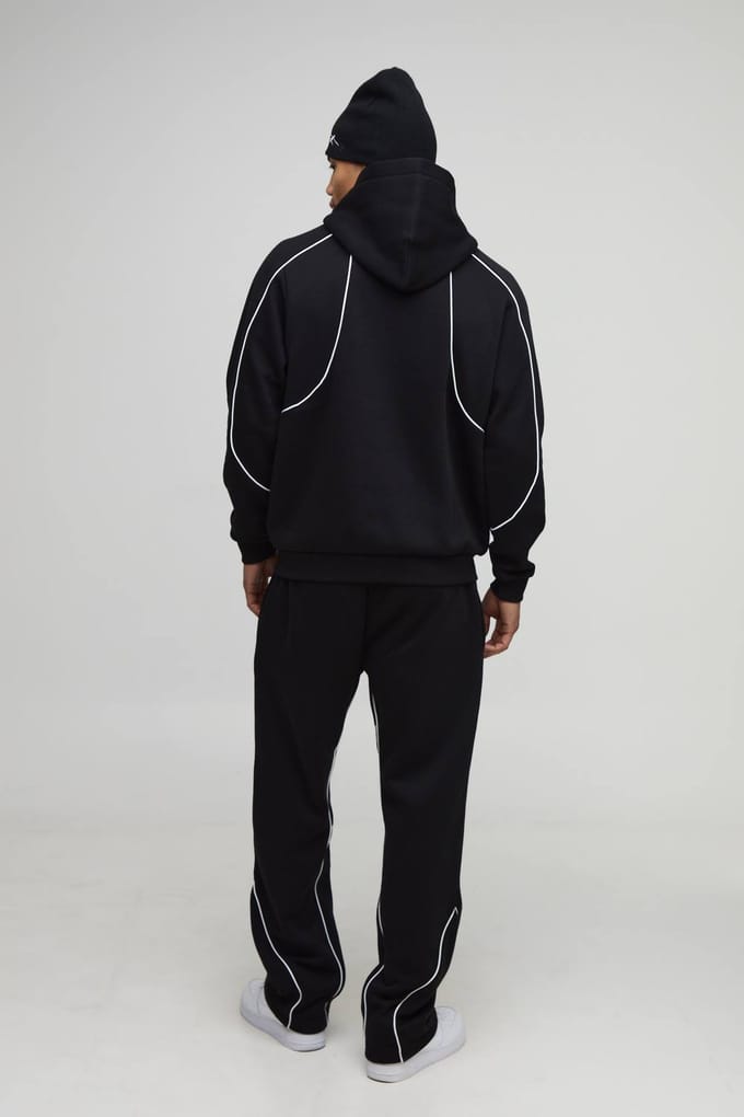 Regular Fit Heren Trainingspak met Capuchon en Piping | Black | Size Medium