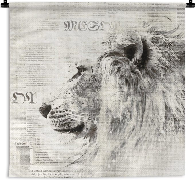 Wandkleed - Leeuw - Krant - Zwart - Wit - 120x120 cm - Wandtapijt