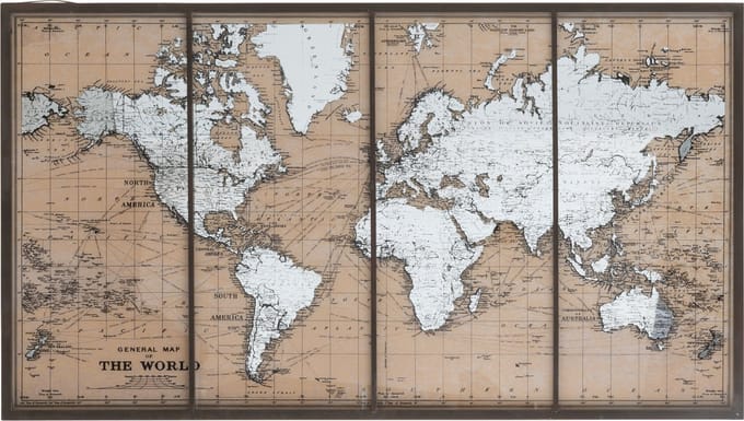 J-Line wereld Map - metaal/glas - beige/bruin
