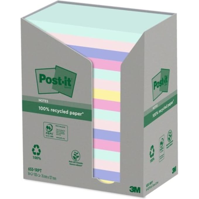 Memoblok post-it 655-rpt 76x127mm recycled rainbow Pastel 16 stuks