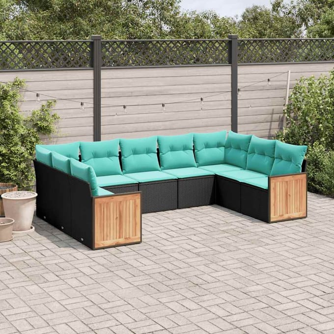 vidaXL - 9-delige - tuinbankset - met - kussens - van - zwart - polyrotan