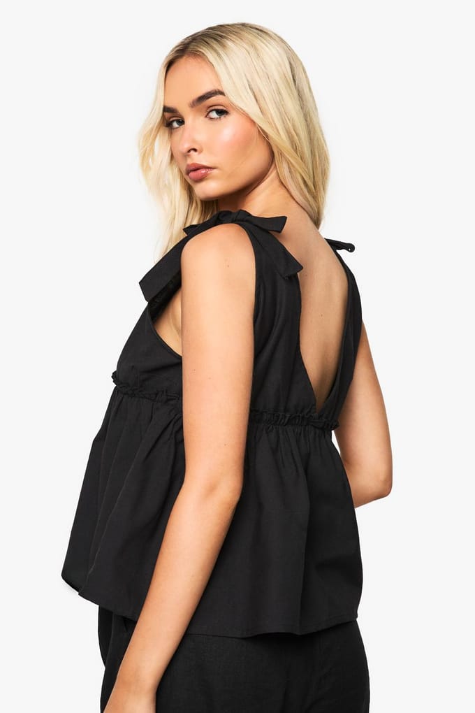 boohoo Dames Linnen Tie Shoulder Cami | Black | Maat: 6
