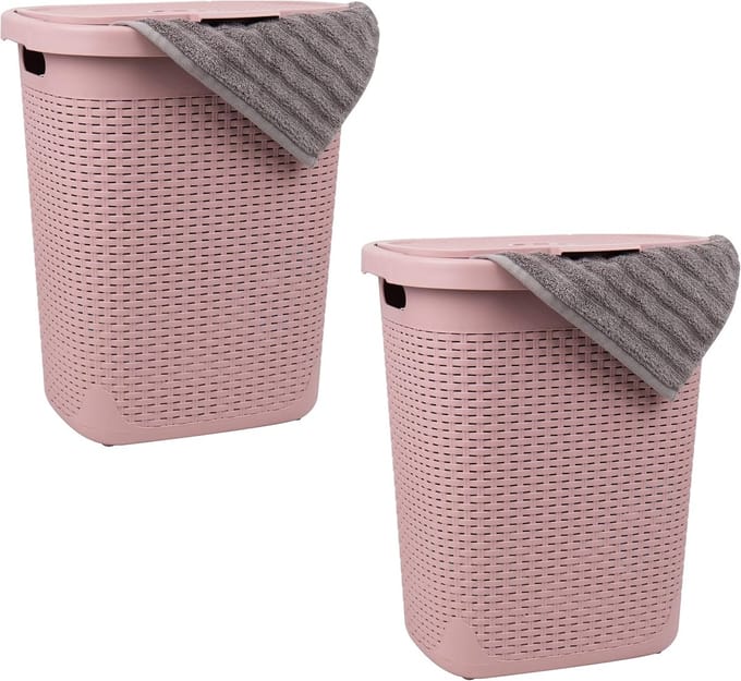 Slanke Wasmand Set van 2 - 50 Liter met Handgrepen en Scharnierend Deksel - Roze