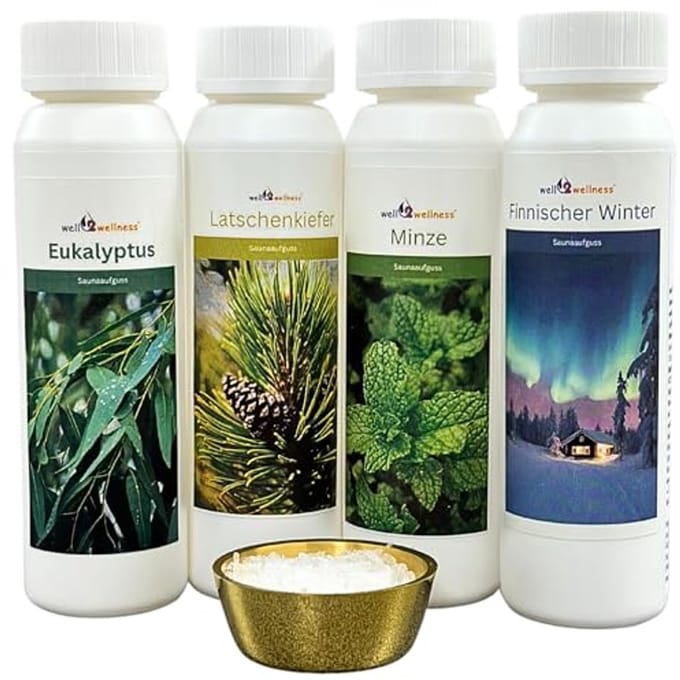 Sauna-opgietset 4 x 125 ml met Eucalyptus, Latschenper, Munt en Finse Winter
