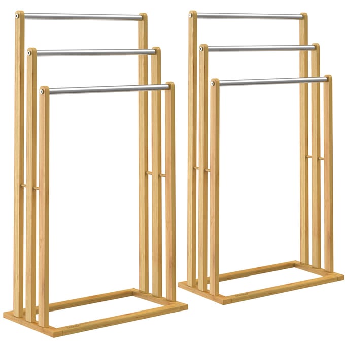 2x handdoekhouder bamboe 3 RVS stangen trapvormige handdoekhouder  badkamer