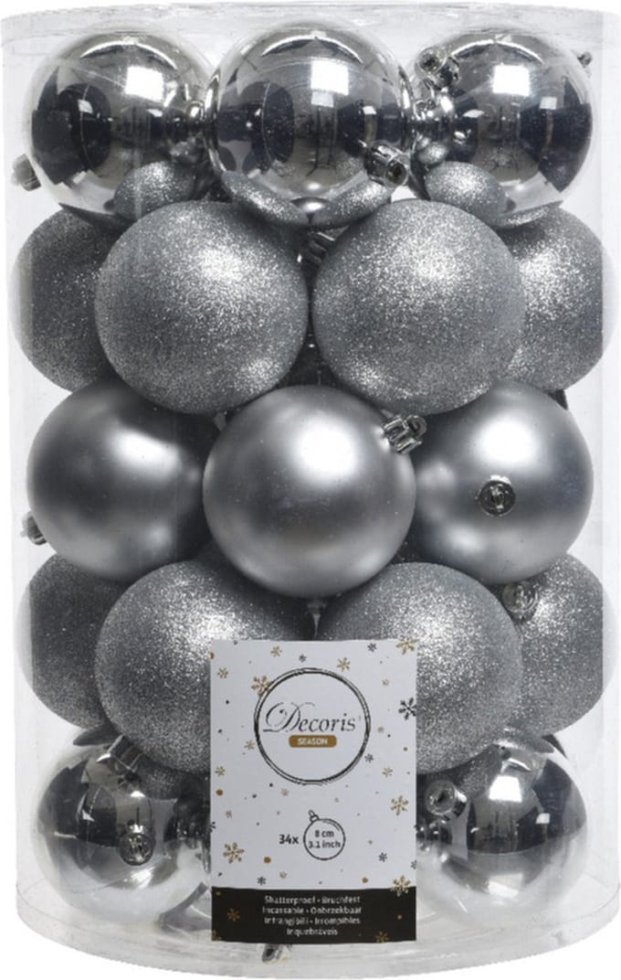 Decoris Kerstballen - 34x st - zilver - D8 cm - kunststof - kerstversiering
