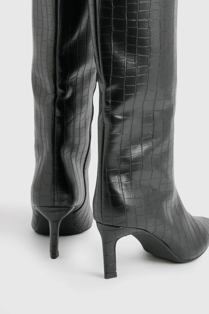 boohoo Dames Croc Column Spitse Kniehoge Hakkenlaarzen | Black | Maat: 4