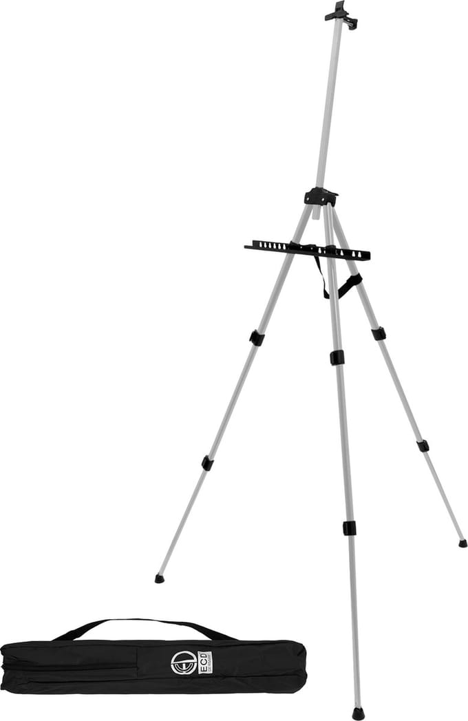 ECD Germany Schildersezel, studio-ezel van aluminium, zilver, in hoogte verstelbaar van 50-156 cm, stabiel en ultralicht, inklapbare tafelezel voor doeken tot 80 cm, veldezel met draagtas