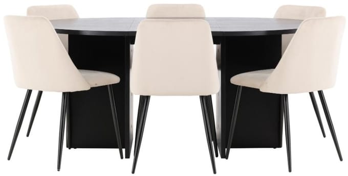 Strada eethoek uittrekbare tafel Ø120cm, 170cm en 6 stoelen zwart, beige.