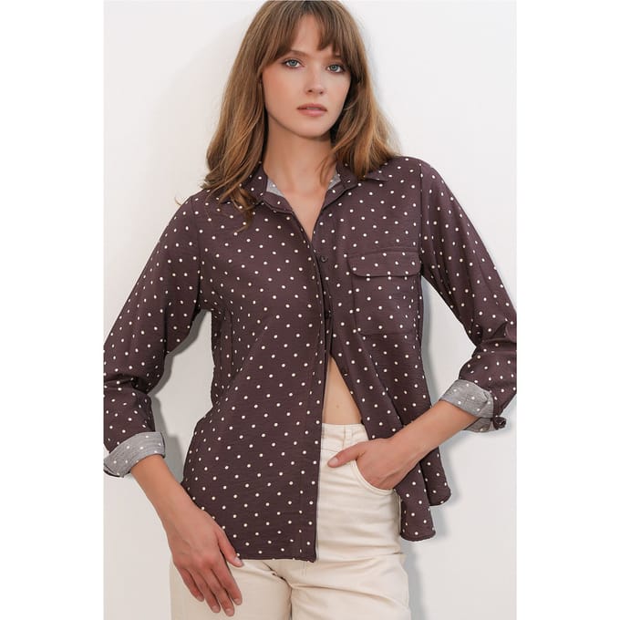 Overmaatse Gepunte Dots Geweven Shirt