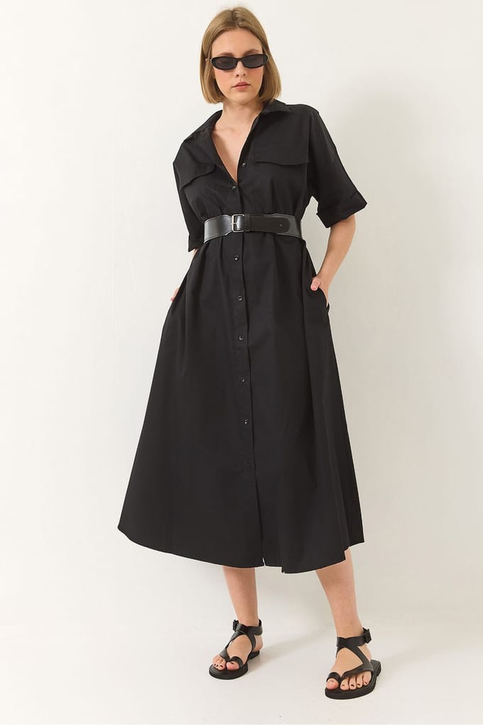 Midi-jurk met shirtkraag en knoopsluiting