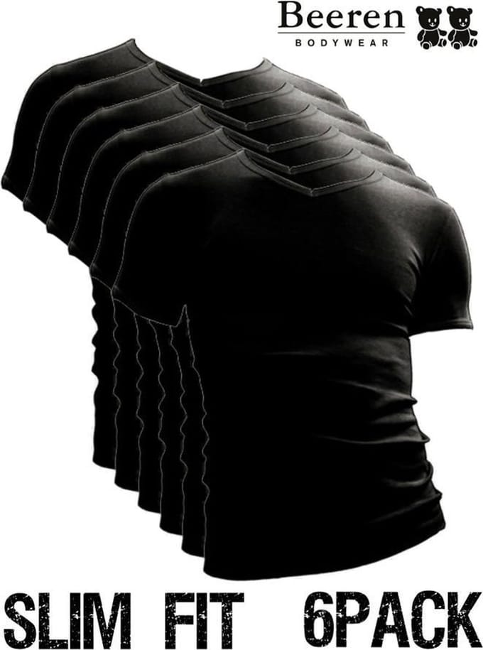 Beeren heren T-Shirt - V-Hals - maat M - 6-Pack - Zwart - Slim Fit