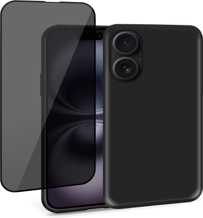 Geschikt voor Apple iPhone 16 Plus - Hoesje + Privacy Screenprotector – Privé Gehard Glas Cover - Suède Case Zwart