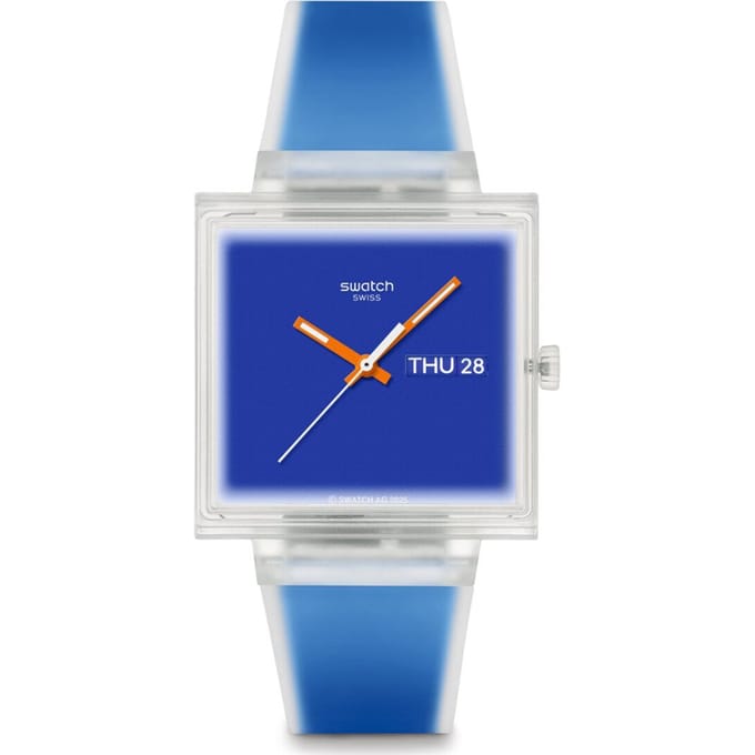 SWATCH Wat Through Unisex Horloge SO38K701 Blauw 33mm Eenvoudig Casual Hars Kast, 2 ATM Waterbestendig Ontwerp blue