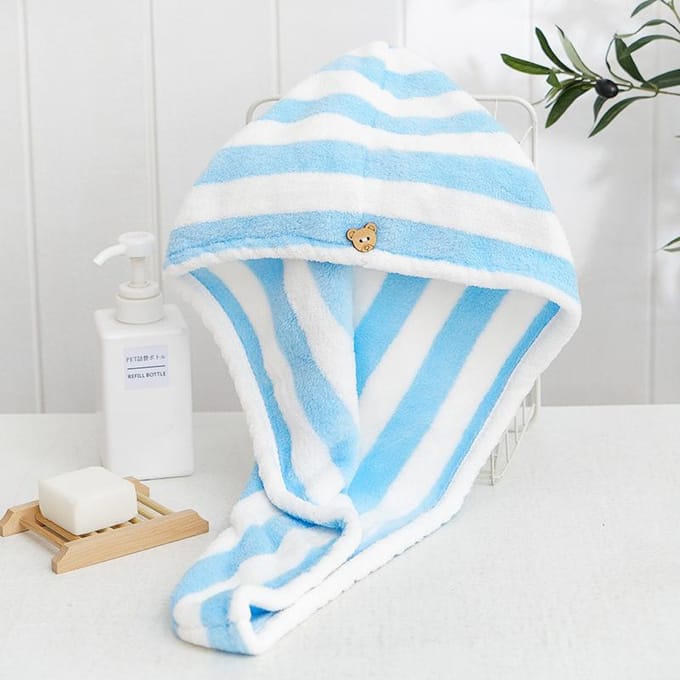 Microfiber haarhanddoek, verdikte koraalfluwelen, cationische droogkap voor haar, waterabsorberend en sneldrogend, gestreepte badmuts grijs/roze