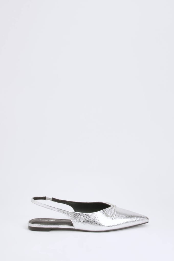 boohoo Dames Slingback Ballerina's met Strikdetail en Spitse Neus | Zilver | Maat: 38