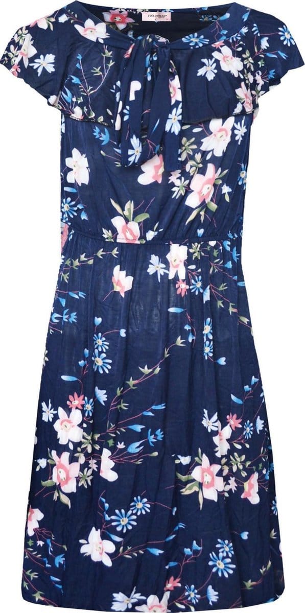 Dames jurk gebloemd polyester blauw one size 38 t/m 42