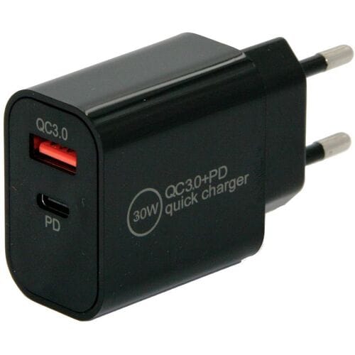 IWH USB-oplader 30 W 1x USB-A, 1x USB-C USB PD, QC 3.0 Zwart Binnen