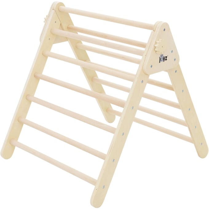 Joyz klimdriehoek serie houten klimrekken natuurkleurig indoor klimrek met glijbaan massief hout pikler stijl montessori speelgoed houten driehoek voor baby vanaf 1 jaar met klimladder klimtoren klimuitrusting speeltoestel regenboog zaagwieg wip