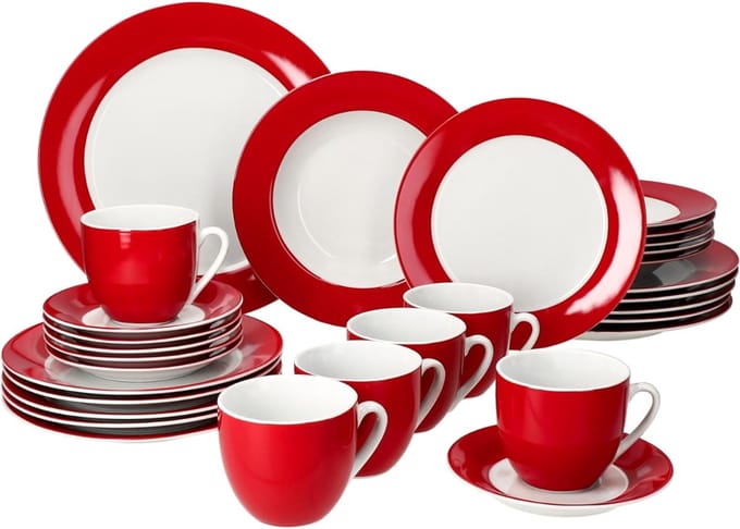 TIM® Serviesset 30 Delig - 6 Persoons - Compleet Servies - Wit/Rood - 21cm x 21cm x 8cm