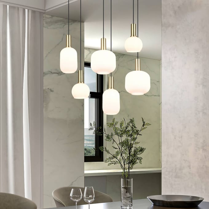 TRIO DIVA - Hanglamp - Messing mat - Wit glas - excl. 6x E27 8,5 W - Plafondbevestiging - In hoogte verstelbaar
