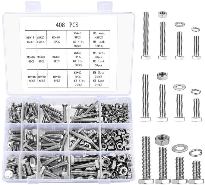 408 Delen Schroeven Moeren en Ringen Set M5 M6 M8 RVS Machineschroeven Assortiment