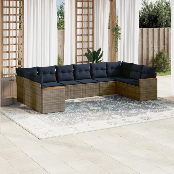 vidaXL - 10-delige - tuinbankset - met - kussens, - grijs - polyrotan