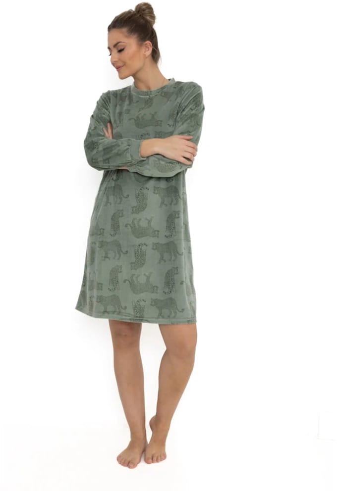 Cocodream dames nachthemd - velours fleece - maat S - Panter - groen
