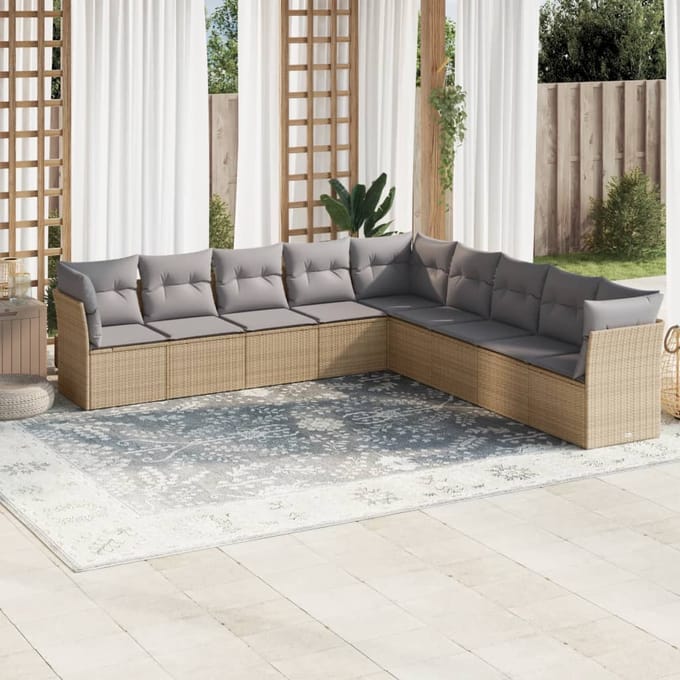 vidaXL - 9-delige - Loungeset - met - kussens - poly - rattan - beige