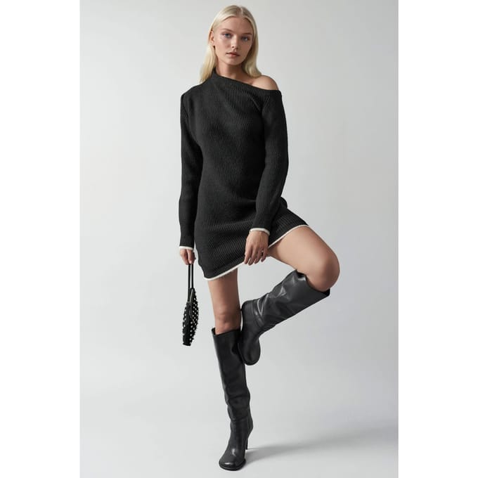 Asymmetrische Kraag Geribbelde Tricot Jurk