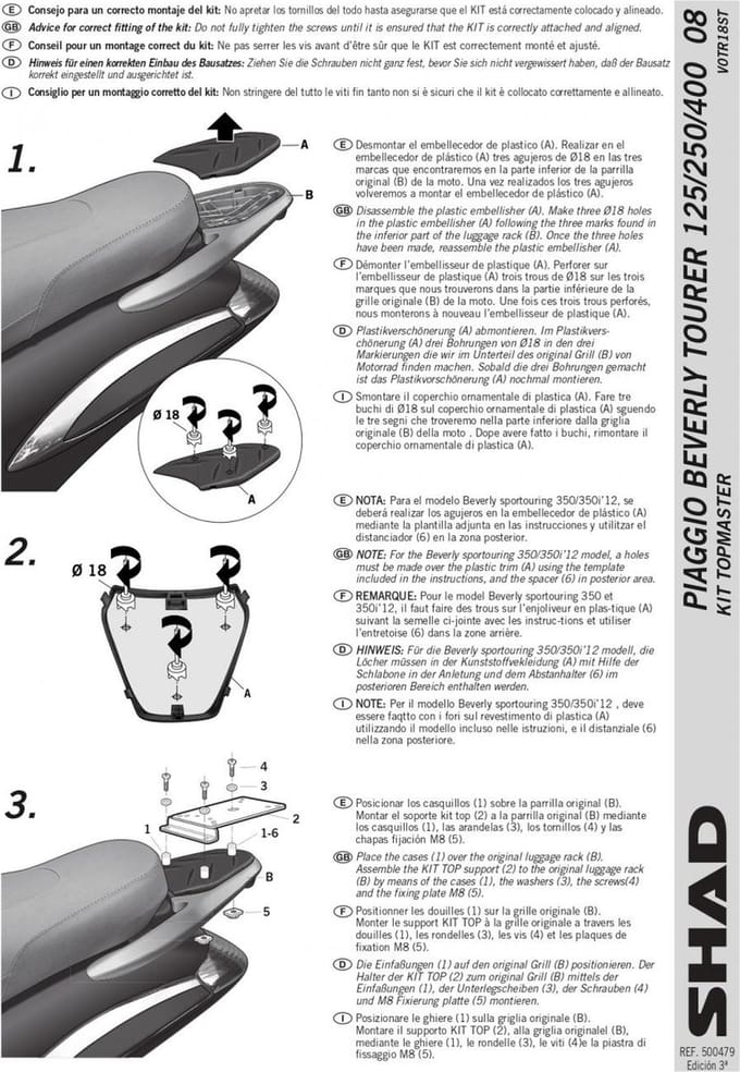 Support de top case Shad pour scooter Piaggio 125 Beverly Tourer V0TR18ST