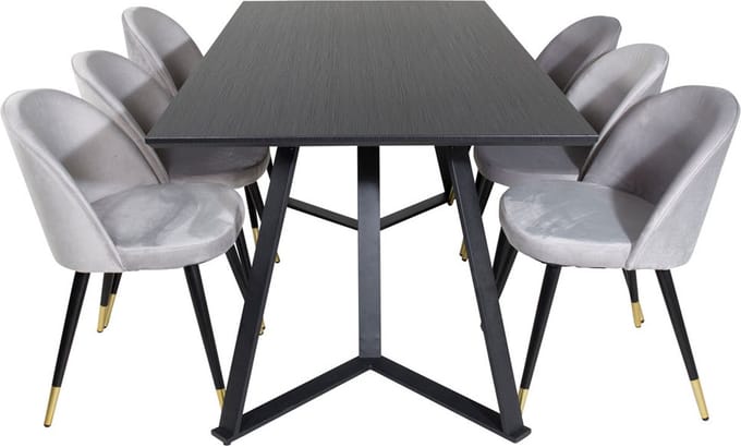 MarinaBLBL eethoek eetkamertafel zwart en 6 Velvet eetkamerstal velours lichtgrijs.