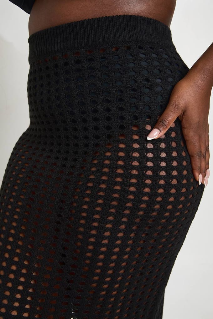 boohoo Dames Plus Gehaakte Gebreide Maxi Rok | Zwart | Maat: 44
